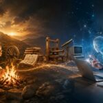 石器時代からAIまでの人類の進化を文化人類学の視点で表現したイメージ