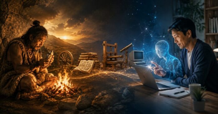 石器時代からAIまでの人類の進化を文化人類学の視点で表現したイメージ