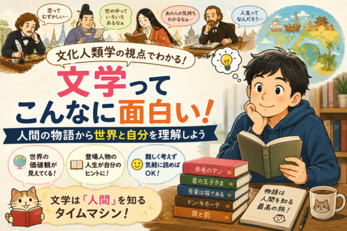文化人類学の視点から文学と人間の物語を考えるイラスト