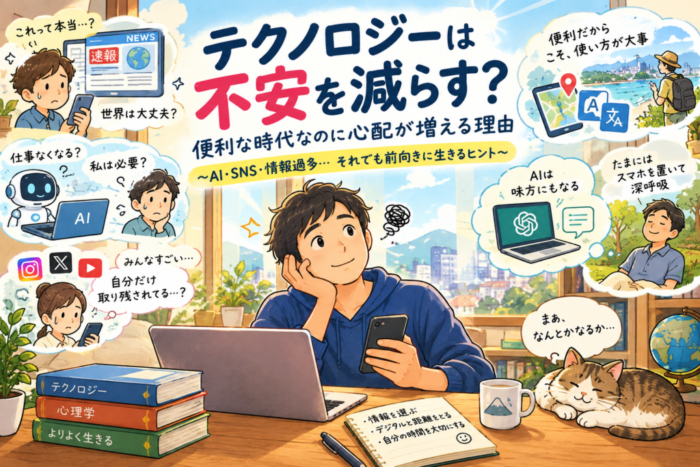 AIやスマホなどのテクノロジーと不安の関係を表したイラスト